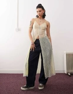 Reclaimed Vintage Lace Mesh Maxi Layering Dress In Yellow For Women Ivory -Closet Theory Her 206400883 4