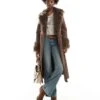 Reclaimed Vintage Brown Longline Leather Look Mac With Faux Fur Collar For Women -Closet Theory Her 206471496 1 brown