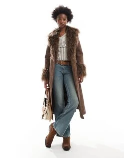 Reclaimed Vintage Brown Longline Leather Look Mac With Faux Fur Collar For Women