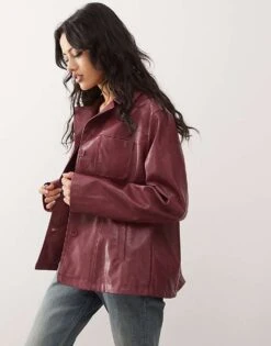Reclaimed Vintage 90's Distressed Faux Leather Blazer Coat In Burgundy For Women