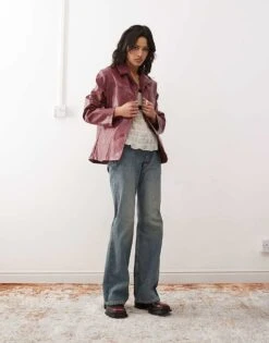 Reclaimed Vintage 90's Distressed Faux Leather Blazer Coat In Burgundy For Women -Closet Theory Her 206471533 4