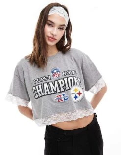 Reclaimed Vintage Revived X Glass Onion Crop Sport Tee With Lace Hem For Women Grey -Closet Theory Her 206484318 1 grey 1