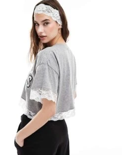 Reclaimed Vintage Revived X Glass Onion Crop Sport Tee With Lace Hem For Women Grey -Closet Theory Her 206484318 5