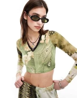 Reclaimed Vintage Revived X Glass Onion Mixed Print Crop Top With Lace Trim For Women -Closet Theory Her 206484333 1 mixedprint 1