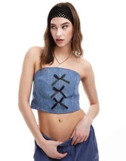 Reclaimed Vintage Revived X Glass Onion Festival Denim Bandeau Corset Top With Bows For Women Blue -Closet Theory Her 206484615 1 blue 1