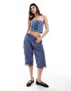 Reclaimed Vintage Revived X Glass Onion Festival Denim Bandeau Corset Top With Bows For Women Blue -Closet Theory Her 206484615 3
