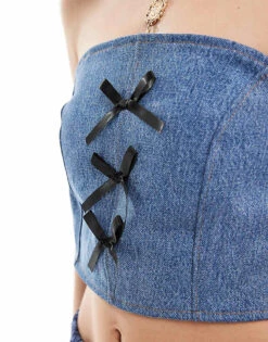 Reclaimed Vintage Revived X Glass Onion Festival Denim Bandeau Corset Top With Bows For Women Blue -Closet Theory Her 206484615 4