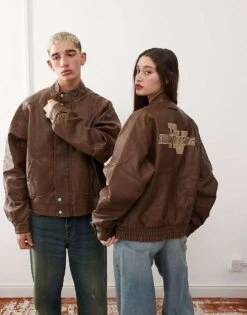 Reclaimed Vintage Unisex Leather Look Washed Dad Bomber With Branding For Unisex Brown -Closet Theory Her 206496461 1 brown 1