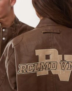 Reclaimed Vintage Unisex Leather Look Washed Dad Bomber With Branding For Unisex Brown -Closet Theory Her 206496461 3