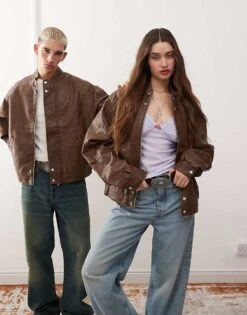 Reclaimed Vintage Unisex Leather Look Washed Dad Bomber With Branding For Unisex Brown -Closet Theory Her 206496461 4
