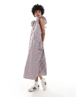 Reclaimed Vintage Maxi Dress With Asymmetric Ruching In Gingham For Women Check