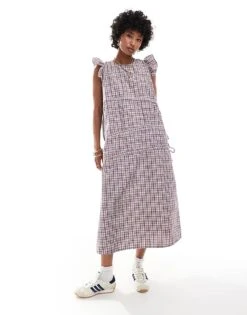 Reclaimed Vintage Maxi Dress With Asymmetric Ruching In Gingham For Women Check -Closet Theory Her 206536643 4