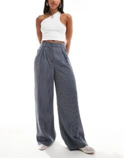 Reclaimed Vintage Wide Leg Smart Trouser In Charcoal Pinstripe For Women Multi