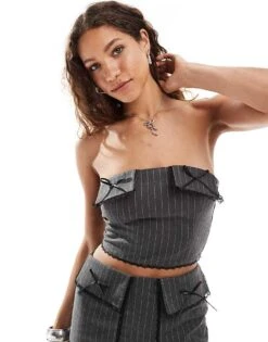 Reclaimed Vintage Tailored Co-ord In Grey Pinstripe With Lace And Bows -Closet Theory Her 206541903 1 grey