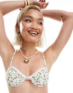 Reclaimed Vintage Underwire Bikini Top In White Ditsy Floral For Women Floral Print