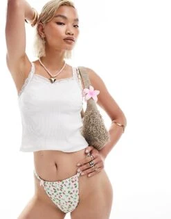 Reclaimed Vintage Adjustable Bikini Bottom In White Ditsy Floral For Women Floral Print