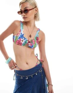 Reclaimed Vintage Crinkle Bikini Top With Crossover Tie Front In Blue Floral Print For Women