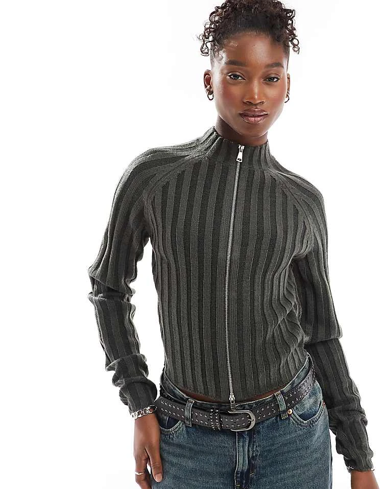 Reclaimed Vintage Rib Knit Zip Cardigan In Charcoal For Women 7 Reclaimed Vintage Rib Knit Zip Cardigan In Charcoal For Women - Image 5