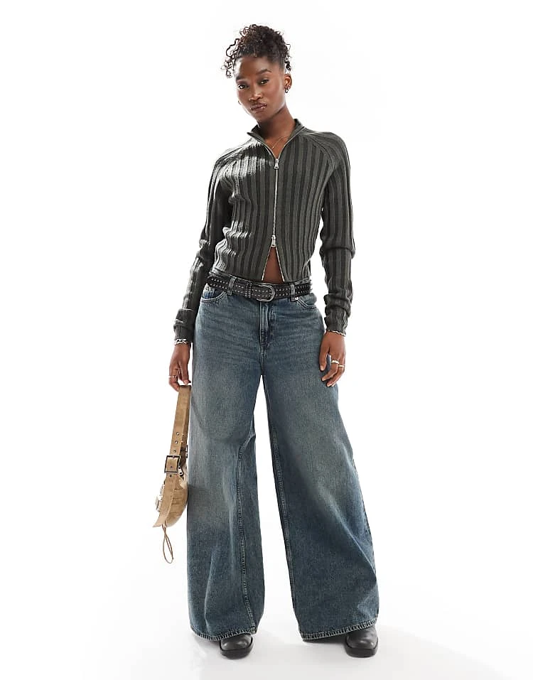 Reclaimed Vintage Rib Knit Zip Cardigan In Charcoal For Women 4 Reclaimed Vintage Rib Knit Zip Cardigan In Charcoal For Women - Image 2