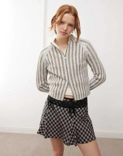 Reclaimed Vintage Rib Knit Zip Cardigan In Stone For Women