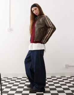 Reclaimed Vintage Leather Look Biker With Stripes In Washed Brown For Women