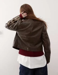 Reclaimed Vintage Leather Look Biker With Stripes In Washed Brown For Women -Closet Theory Her 206655801 3