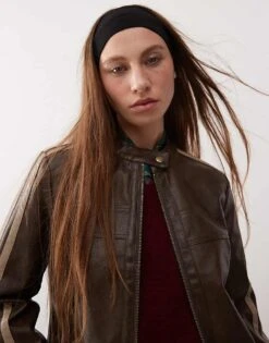 Reclaimed Vintage Leather Look Biker With Stripes In Washed Brown For Women -Closet Theory Her 206655801 4