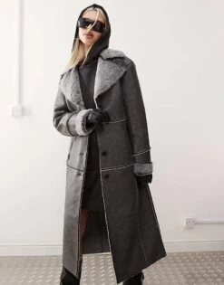 Reclaimed Vintage Faux Suede Coat With Fur Trim For Women Washed Black -Closet Theory Her 206655873 3