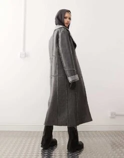 Reclaimed Vintage Faux Suede Coat With Fur Trim For Women Washed Black -Closet Theory Her 206655873 4