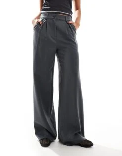 Reclaimed Vintage Wide Leg Smart Trouser In Charcoal For Women Grey