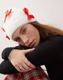 Reclaimed Vintage Beanie With Red Bows In White For Women -Closet Theory Her 206676420 1 white 1