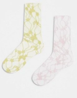 Reclaimed Vintage Mesh Floral Ankle Socks 2 Pack In Yellow And Pink For Women Multi