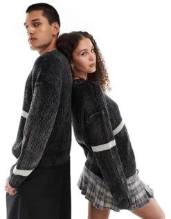 Reclaimed Vintage Unisex Knitted Jumper In Black Acid Wash With Stripe Detail For Unisex -Closet Theory Her 206722985 4