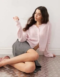 Reclaimed Vintage Micro Boxy Cardigan In Pastel Pink For Women