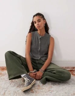 Reclaimed Vintage Knitted Button Up Tank In Grey For Women -Closet Theory Her 206723048 1 grey 1