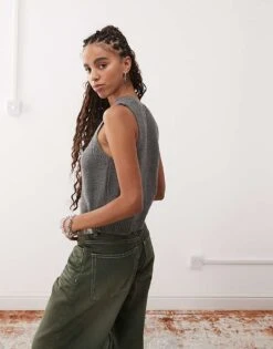 Reclaimed Vintage Knitted Button Up Tank In Grey For Women -Closet Theory Her 206723048 4