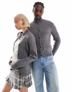Reclaimed Vintage Unisex Ribbed Knit High Neck Buttoned Jumper For Unisex Grey -Closet Theory Her 206731566 1 grey 1