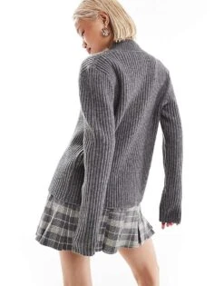 Reclaimed Vintage Unisex Ribbed Knit High Neck Buttoned Jumper For Unisex Grey -Closet Theory Her 206731566 3