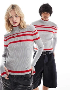 Reclaimed Vintage Unisex Knitted Top With Red Stripe For Unisex Grey -Closet Theory Her 206731576 1 grey 1
