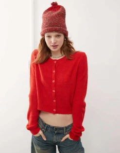 Reclaimed Vintage Micro Cardigan In Cherry Red For Women