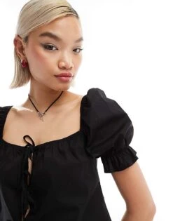 Reclaimed Vintage Puff Sleeve Top With Tie Front In Black For Women -Closet Theory Her 206748577 3