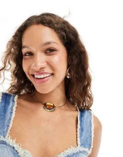 Reclaimed Vintage Unisex Choker Necklace With Faux Amber Stone For Unisex Gold -Closet Theory Her 206749523 1 gold 1