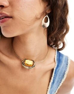 Reclaimed Vintage Unisex Choker Necklace With Faux Amber Stone For Unisex Gold -Closet Theory Her 206749523 3