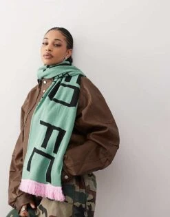 Reclaimed Vintage Sporty Scarf In Green And Pink With Branding For Women -Closet Theory Her 206749561 1 greenandpink 1