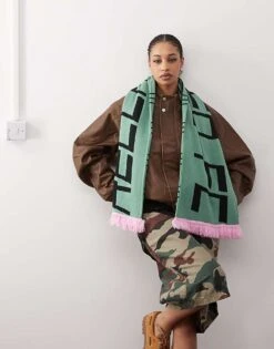 Reclaimed Vintage Sporty Scarf In Green And Pink With Branding For Women -Closet Theory Her 206749561 4