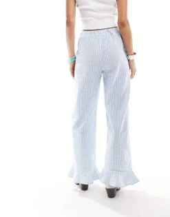 Reclaimed Vintage Pull On Trouser With Frill Bottom In Blue Gingham For Women Blue And White -Closet Theory Her 206757125 2
