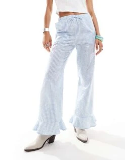 Reclaimed Vintage Pull On Trouser With Frill Bottom In Blue Gingham For Women Blue And White -Closet Theory Her 206757125 3