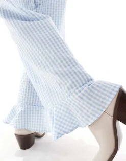 Reclaimed Vintage Pull On Trouser With Frill Bottom In Blue Gingham For Women Blue And White -Closet Theory Her 206757125 4