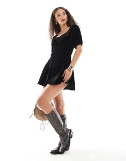 Reclaimed Vintage Mini Dress With Drop Waist In Black Velvet For Women -Closet Theory Her 206763666 2