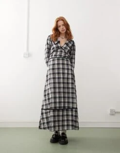 Reclaimed Vintage Check Midi Dress With Collar In Blue For Women Multi